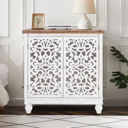 PHI VILLA Gabinete de Acento Blanco con Puertas, Aparador Buffet Estilo Granja con Gabinetes Pequeños Tallados Calados