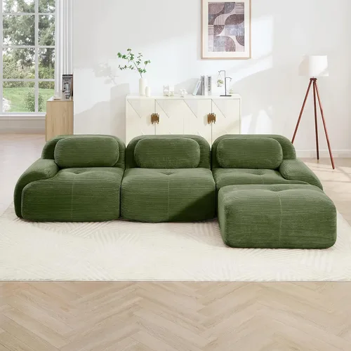 Miniatura 3 de Sofá moderno comprimido sin armazón de 116 pulgadas con otomana, sofás seccionales grandes en forma de L de 3 plazas para sala de estar, sofá Verde