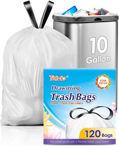 Miniatura 21 de Bolsas de basura con cordón de Teivio, 1.6 galones, 120 unidades, bolsas de basura resistentes, tamaño mediano, para papeleras de cocina y baño
