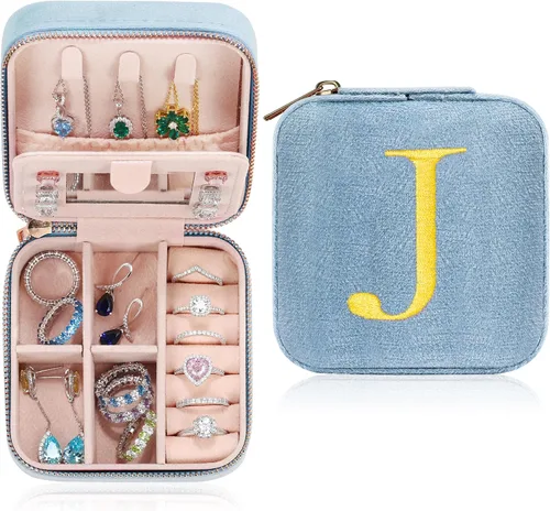 Parima Regalos de cumpleaños para mujeres, estuche portátil pequeño de viaje con iniciales azules, organizador de joyas, accesorios de viaje azules,