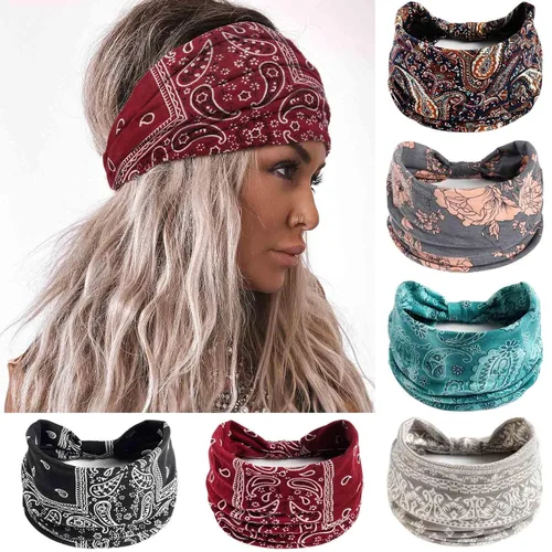 Miniatura 9 de Olbye Diademas anchas para mujer, diadema bohemia anudada, bandas elásticas antideslizantes para el cabello, diademas florales africanas, bandas