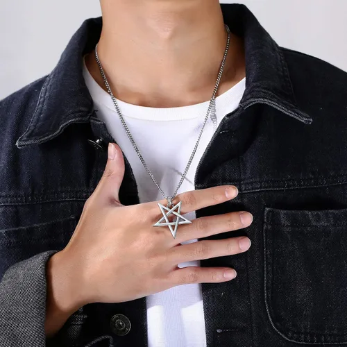 Miniatura 6 de TempBeau Collar con colgante de pentagrama satánico Baphomet Cadena de eslabones de pentáculo invertida hecha a mano, iglesia satanista, punk