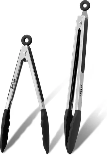 Anaeat Juego de 2 pinzas de bloqueo de silicona antiadherentes, pinzas de acero inoxidable de 9 y 12 pulgadas con puntas de silicona antideslizantes