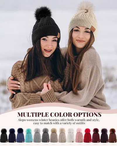 Miniatura 6 de Alepo Womens Winter Beanie Hat, Warm Fleece Lined Knitted Soft Ski Cuff Cap with Pom Pom