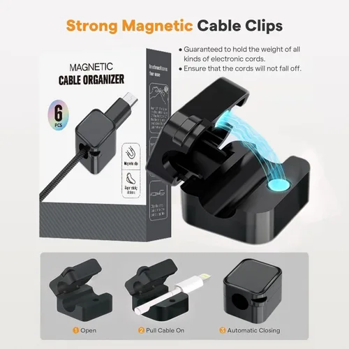 Miniatura 6 de Paquete de 6 soportes magnéticos para cables negros, clips adhesivos para cable de escritorio y automóvil, organizador de cables para mesita