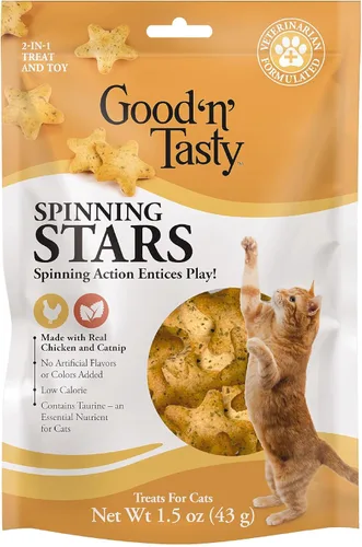 Miniatura 10 de Good 'n' Tasty Spinning Stars - Golosina para gatos, 3.2 onzas, regalo 2 en 1 y juguete hecho con pollo real, hígado de pollo y hierba gatera