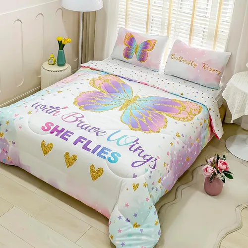 Miniatura 3 de Cokouchyi Juego de edredón tamaño Twin para niñas, 5 piezas cama en una bolsa, juego de sábanas de edredón de mariposas coloridas 3D, ultra suave