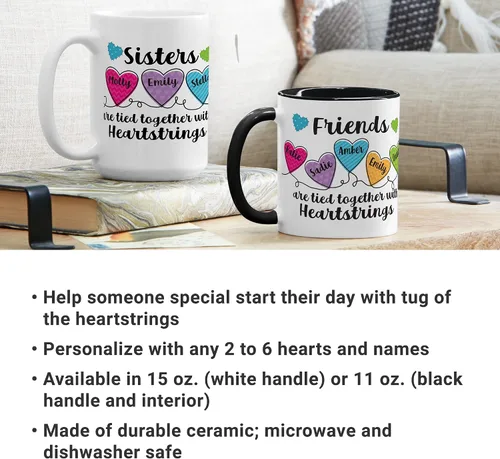 Miniatura 3 de Let's Make Memories Taza personalizada para hermanas – Taza de café personalizada – Heartstrings – 2–6 nombres – Mango blanco – 15 oz Sisters