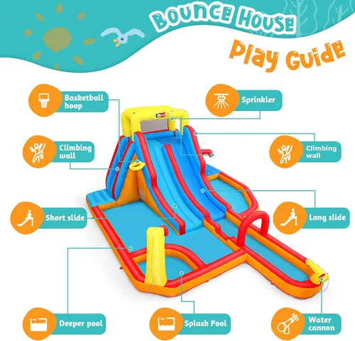 Miniatura 3 de Mega parque inflable de toboganes de agua, gran casa de rebote para niños de 5 a 12 años, tobogán acuático con pared de escalada, dos toboganes