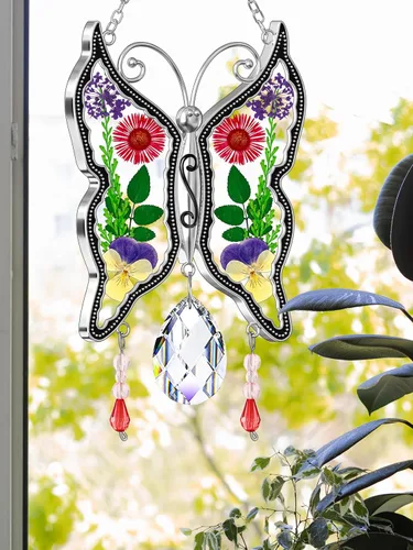 Miniatura 2 de KY&BOSAM - Atrapasoles de mariposa para mamá, regalos de cristal para ventanas, carillón de viento con alas de flores prensadas auténticas con dije