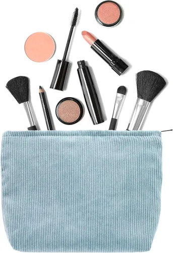 Miniatura 4 de Pazimiik Bolsa de maquillaje grande con cremallera, de pana, para bolso de viaje, organizador de cosméticos para mujeres, almacenamiento de Pana Azul