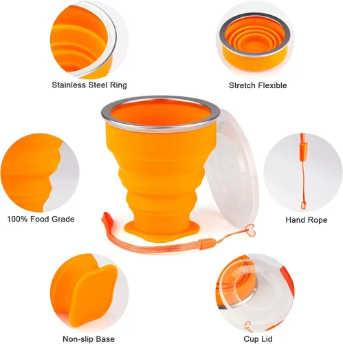 Miniatura 4 de Vasos plegables para viajes – Taza plegable de silicona portátil con tapa, taza plegable reutilizable para camping, senderismo y uso diario