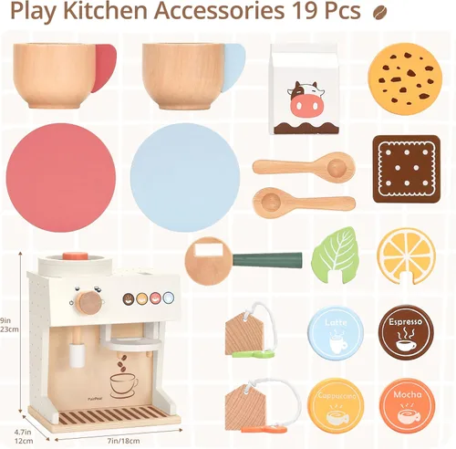 Miniatura 3 de PairPear Juego de simulación de cafetera de espresso de madera 18 piezas Set de barista con cápsulas, tazas y galletas, accesorio de cocina