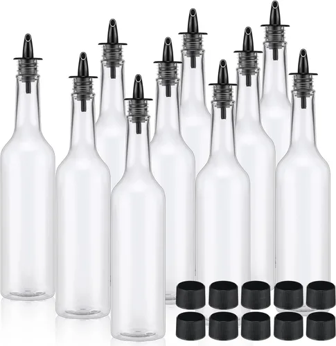Tioncy 10 juegos de botellas de plástico de 15 onzas con vertedores, 10 botellas de plástico para jarabe de cuello largo con vertedor y tapas, Negro