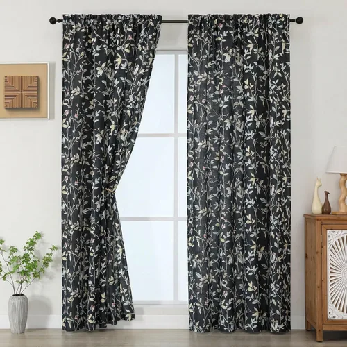 Miniatura 35 de Chyhomenyc Cortinas de mezcla de lino de 63 pulgadas de largo, 2 paneles de cortina con estampado floral filtrante de luz para sala de estar