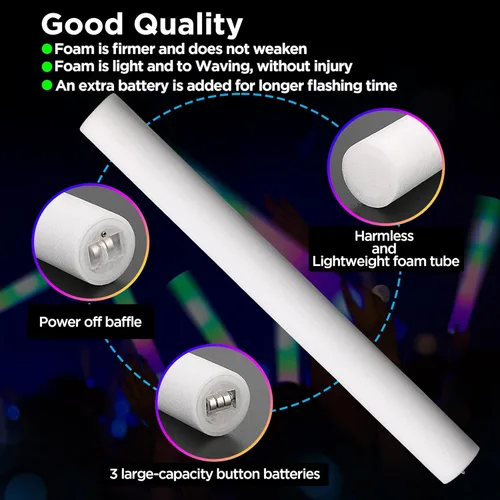 Miniatura 5 de Paquete de 50 varillas de espuma brillantes a granel, palos de espuma LED grandes de 16 pulgadas de largo con 3 efectos intermitentes, suministros