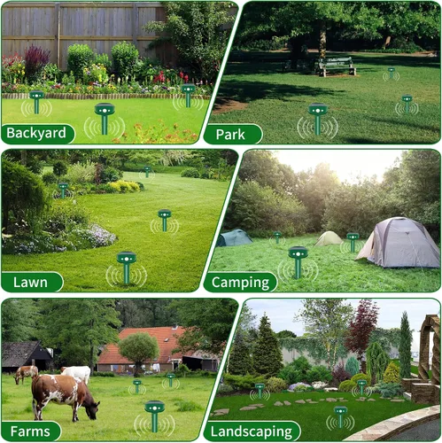 Miniatura 7 de Repelente de topos actualizado 2025 alimentado por energía solar, repelente ultrasónico de ratones de campo de golf para exteriores con LED
