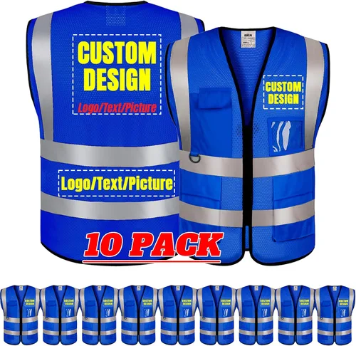 BeautyWill Chaleco de seguridad con logotipo personalizado Class2 Chaleco reflectante de alta visibilidad con bolsillos y cremallera chaleco de