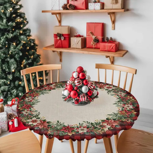 Miniatura 2 de Mantel ajustado redondo de Navidad con Poinsettia, mantel de lino retro de Navidad impermeable para mesa circular, mantel circular elástico de Rojo