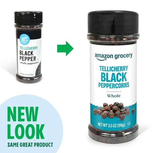 Miniatura 2 de Amazon Grocery, granos enteros de pimienta negra Tellicherry, 3.5 oz (anteriormente Happy Belly, el empaque puede variar)
