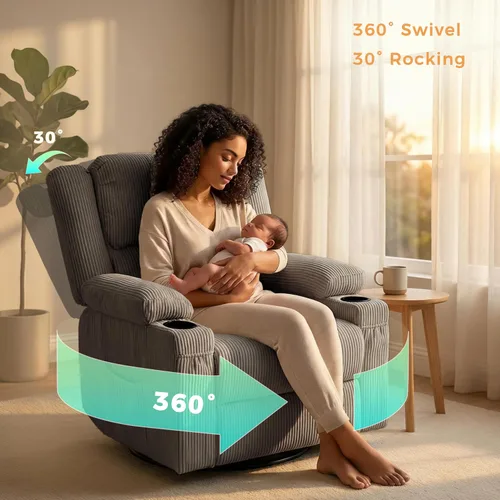Miniatura 3 de Silla reclinable giratoria de 360 grados con calor y masaje, planeador reclinable manual de pana suave con puerto USB, 2 portavasos y 4 bolsillos