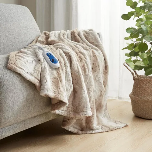 Miniatura 12 de Beautyrest Zuri - Poncho manta eléctrica reversible de piel sintética de leopardo de las nieves a visón, ponible, apagado automático, prácticamente
