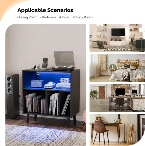 Miniatura 9 de VINGLI Soporte para tocadiscos con almacenamiento de vinilo abierto, mesa de almacenamiento de álbumes de mediados de siglo con luz LED de hasta 300