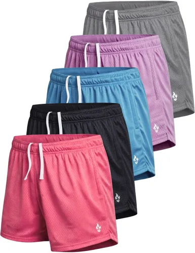 Liberty Imports Paquete de 5 pantalones cortos deportivos de malla para mujer, entrepierna de 5 pulgadas, pantalones cortos sueltos con bolsillos