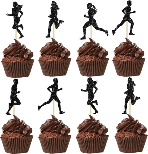 Miniatura 8 de Ephlyn Decoración para cupcakes de motocicleta, 24 piezas de decoraciones negras con purpurina para deportes, tema de motocross, para hombre y niño