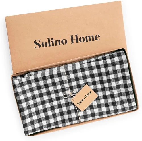 Miniatura 4 de Solino Home Mantel de lino de 60 x 108 pulgadas, mantel de lino 100% puro a cuadros negros a cuadros para mesas rectangulares, mantel lavable a