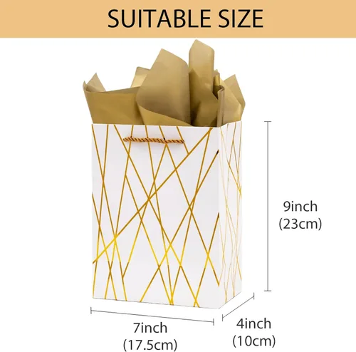 Miniatura 2 de Nihuecne Bolsas de regalo de 9" de tamaño mediano con papel de seda, paquete de 4 bolsas de regalo de papel de envoltura blanco dorado con asas