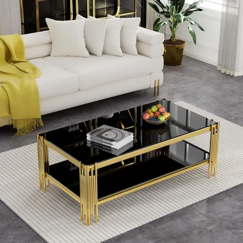 Mesa auxiliar rectangular de vidrio de 48 pulgadas, mesa de centro de 2 niveles con parte superior de vidrio templado negro, patas de acero