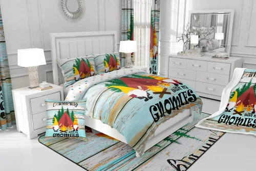 Miniatura 8 de Juego de ropa de cama de campamento para niños, tamaño individual, juego de edredón de gnomos kawaii para niños y niñas, edredón vintage de madera