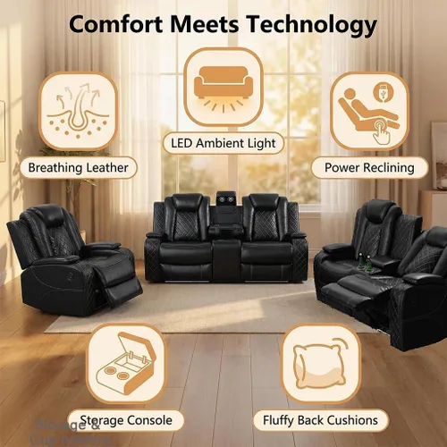 Miniatura 8 de Pon Living - Lujoso juego de sofá reclinable de cuero con LED, juego de sofá reclinable eléctrico, juegos de muebles de sala con portavasos/puerto