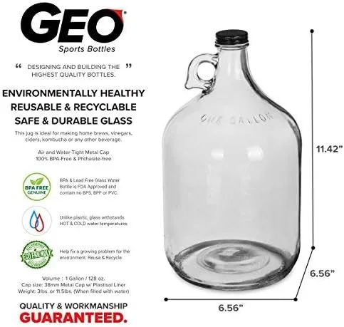 Miniatura 3 de Geo Sports Bottles Botella de agua de vidrio de 1 galón con tapón de rosca de 1.496 in (juego de 1)