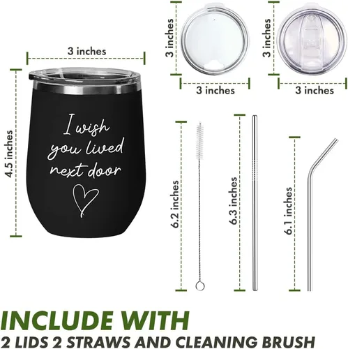 Miniatura 5 de Bubble Hugs WItty - Vaso de vino negro de 12 onzas – Taza divertida con texto en inglés "I Wish You Lived Next Door" para mejor amigo