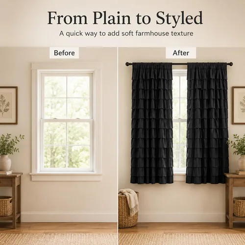 Miniatura 5 de Black Ruffle Curtains 2 Panels, 12-Layer Ruffled Window Panels, Light Filtering Shabby Chic Farmhouse Drapes for Bedroom Dorm Bathroom, Rod Pocket