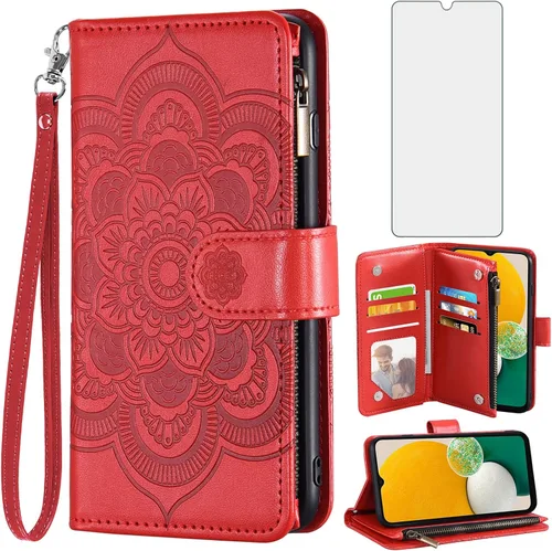 Asuwish Funda tipo cartera compatible con Samsung Galaxy A13 5G y protector de pantalla de vidrio templado, funda para teléfono celular con tapa Rojo