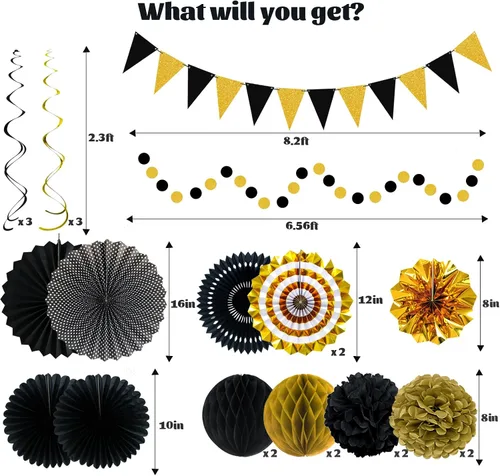Miniatura 2 de 24 decoraciones de fiesta negras y doradas, abanicos de papel, guirnaldas de pompones de panal, suministros colgantes reutilizables para graduación