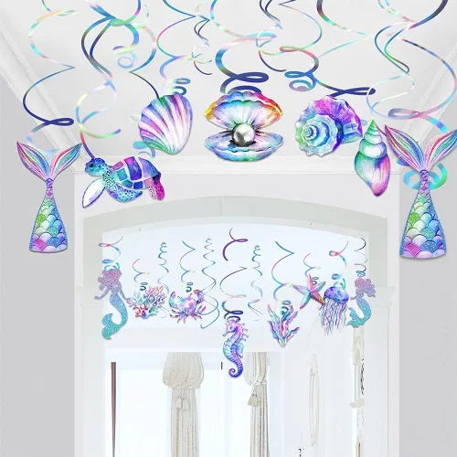 Miniatura 4 de 30 piezas de remolinos colgantes de sirena, decoraciones de fiesta de sirenas, suministros de fiesta de sirenas para niñas, serpentinas de techo