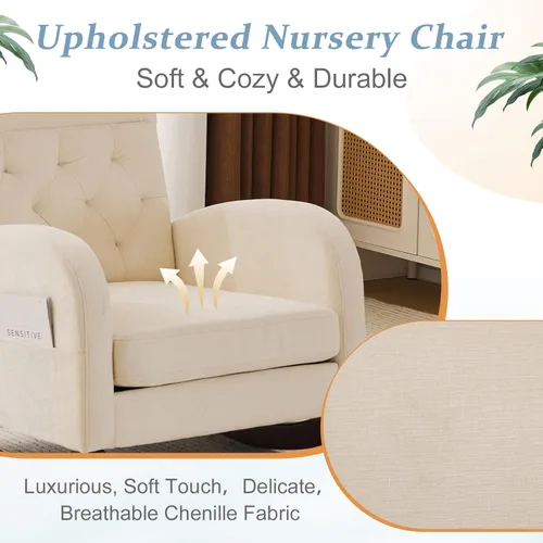 Miniatura 7 de VINGLI Mecedora de Asiento Bajo de Chenilla, Silla Planeadora Tapizada para Guardería con Bolsillos Laterales, Sillón Decorativo con Brazos