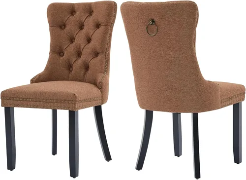 Miniatura 59 de Juego de 2 sillas de comedor de terciopelo, silla de comedor tapizada de alta gama con tirador de anillo en la espalda, adorno de clavos y patas