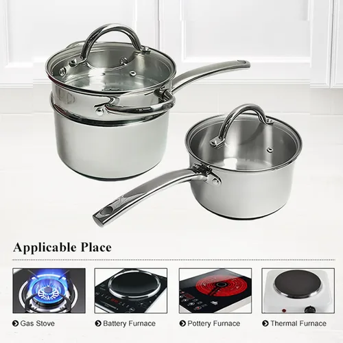 Miniatura 4 de Cacerola de acero inoxidable Tapa de vidrio Fundición Mango de acero Inducción Impacto Bonded 8 PCS Set Vapor