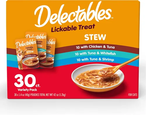 Delectables Lickable Treat Stew Wet Cat Treats - Paquete variado de golosinas para gatos, hidratante, sin granos, sin rellenos, sin subproductos,