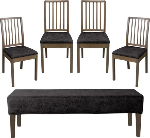 FORCHEER Juego de 4 fundas de asiento para sillas de comedor con 1 funda de banco, tela de piel sintética, antipolvo, protector de asiento extraíble