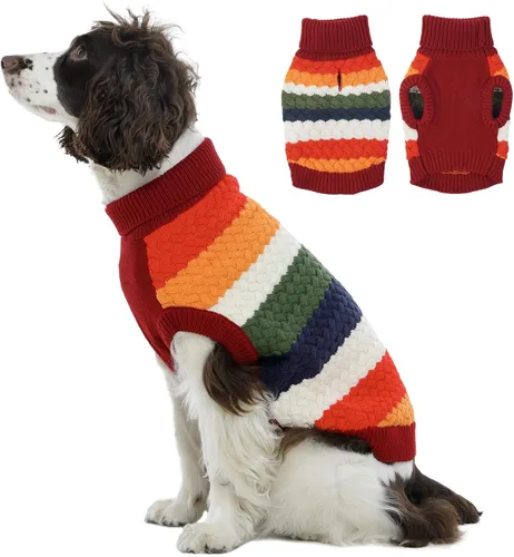 Miniatura 20 de Kuoser Suéter grande para perro, suéteres de punto de cuello alto para perros grandes, rayas coloridas, chaleco de punto para mascotas, ropa cálida