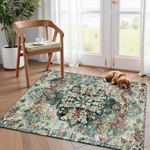 Miniatura 8 de Lahome Alfombra bohemia con medallón floral, 4 x 6 pies, color verde azulado, suave, lavable, antideslizante, apta para mascotas, alfombra