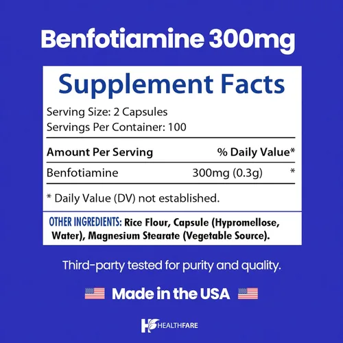 Miniatura 3 de Healthfare Benfotiamina 300mg 200 cápsulas vegetales Absorción mejorada Apoya la salud general Mayor biodisponibilidad