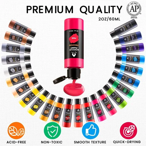 Miniatura 3 de Juego de 40 piezas de pintura acrílica - 24 colores (2 onzas/60ml) con 12 pinceles, 2 cuchillos y paleta - Pigmentos ricos para adultos, artistas