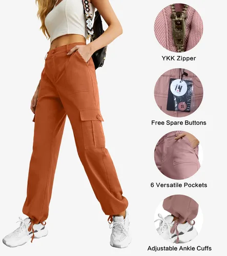 Miniatura 2 de Lepunuo Pantalones cargo de cintura alta para mujer, pantalones de viaje Y2K Streetwear holgados elásticos con 6 bolsillos con cordón en los tobillos